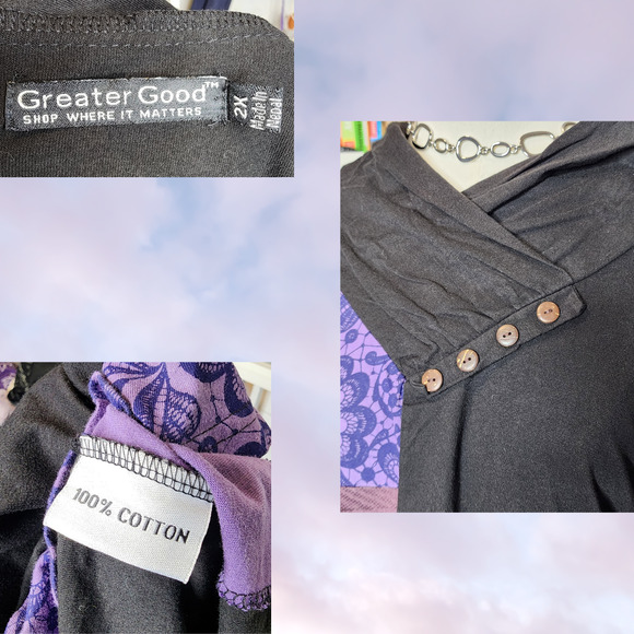 Greater Good Black Blue Purple Patch Work Cowl Neck Boho Cotton Sweater 2X - Picture 6 of 6